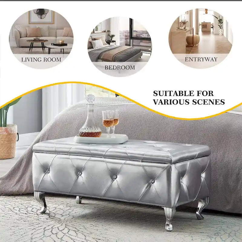Banc coffre de rangement rembourré pour chambre, bout de lit et repose-pieds, avec boutons en cristal, pour salon ou entrée