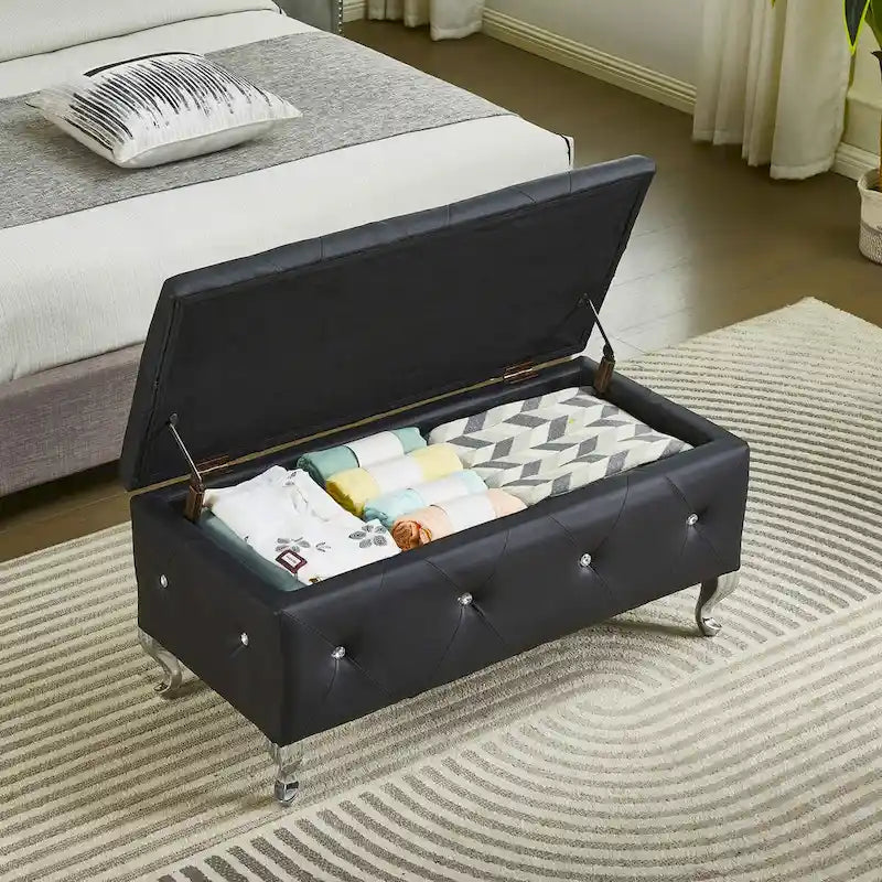 Banc coffre de rangement rembourré pour chambre, bout de lit et repose-pieds, avec boutons en cristal, pour salon ou entrée