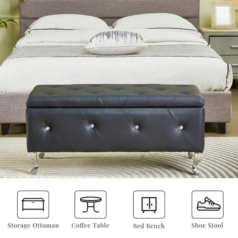 Banc coffre de rangement rembourré pour chambre, bout de lit et repose-pieds, avec boutons en cristal, pour salon ou entrée