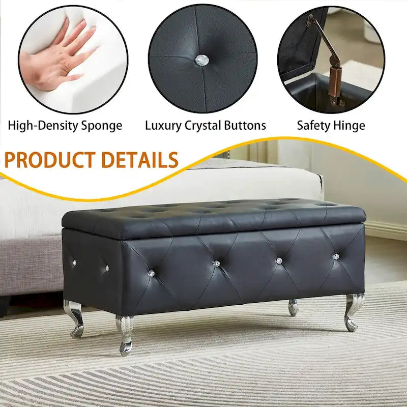 Banc coffre de rangement rembourré pour chambre, bout de lit et repose-pieds, avec boutons en cristal, pour salon ou entrée