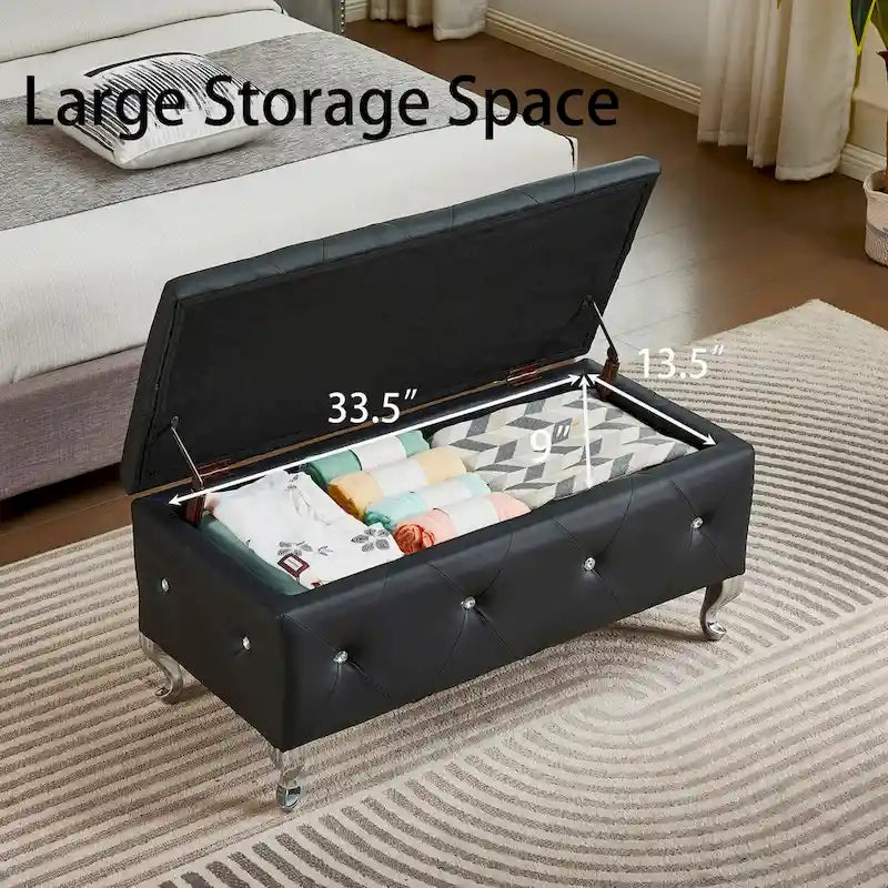 Banc coffre de rangement rembourré pour chambre, bout de lit et repose-pieds, avec boutons en cristal, pour salon ou entrée