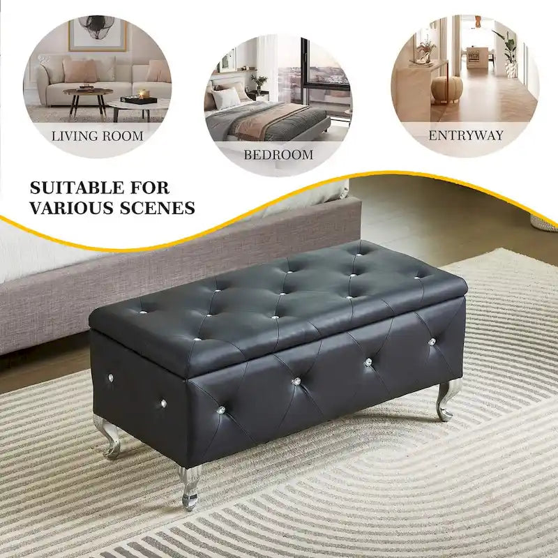 Banc coffre de rangement rembourré pour chambre, bout de lit et repose-pieds, avec boutons en cristal, pour salon ou entrée