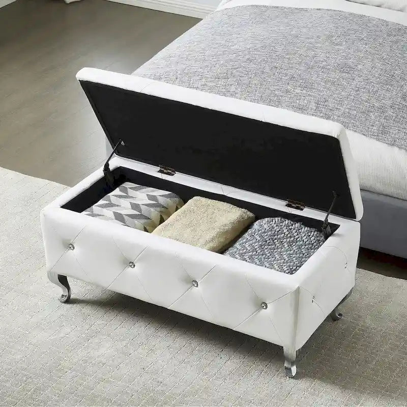 Banc coffre de rangement rembourré pour chambre, bout de lit et repose-pieds, avec boutons en cristal, pour salon ou entrée