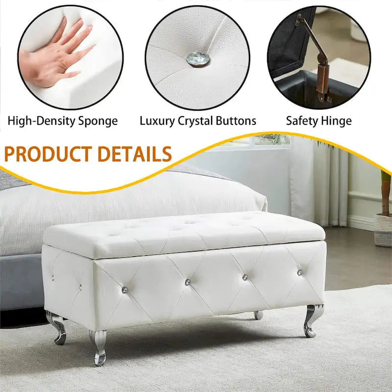 Banc coffre de rangement rembourré pour chambre, bout de lit et repose-pieds, avec boutons en cristal, pour salon ou entrée