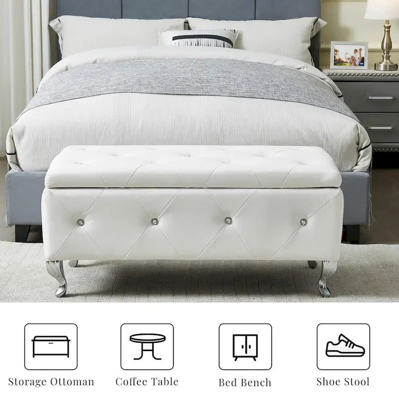 Banc coffre de rangement rembourré pour chambre, bout de lit et repose-pieds, avec boutons en cristal, pour salon ou entrée