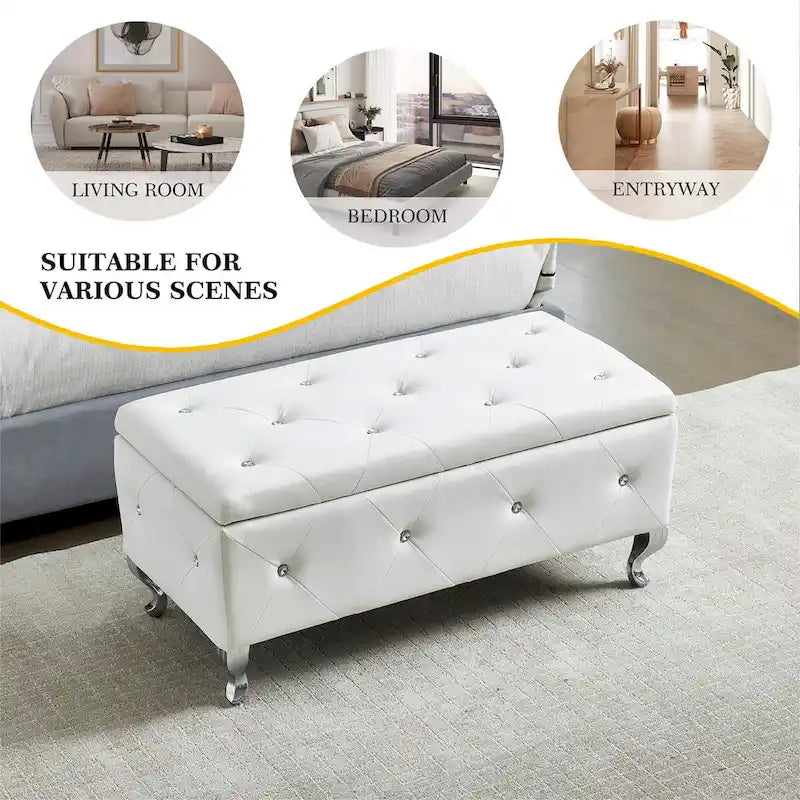 Banc coffre de rangement rembourré pour chambre, bout de lit et repose-pieds, avec boutons en cristal, pour salon ou entrée