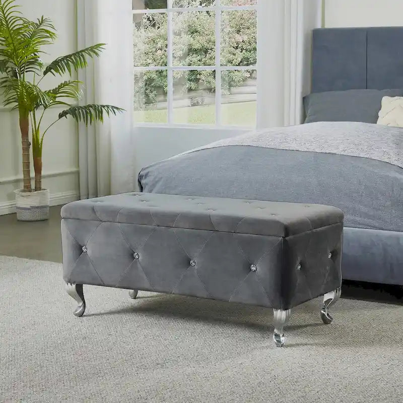 Banc coffre de rangement rembourré pour chambre, bout de lit et repose-pieds, avec boutons en cristal, pour salon ou entrée