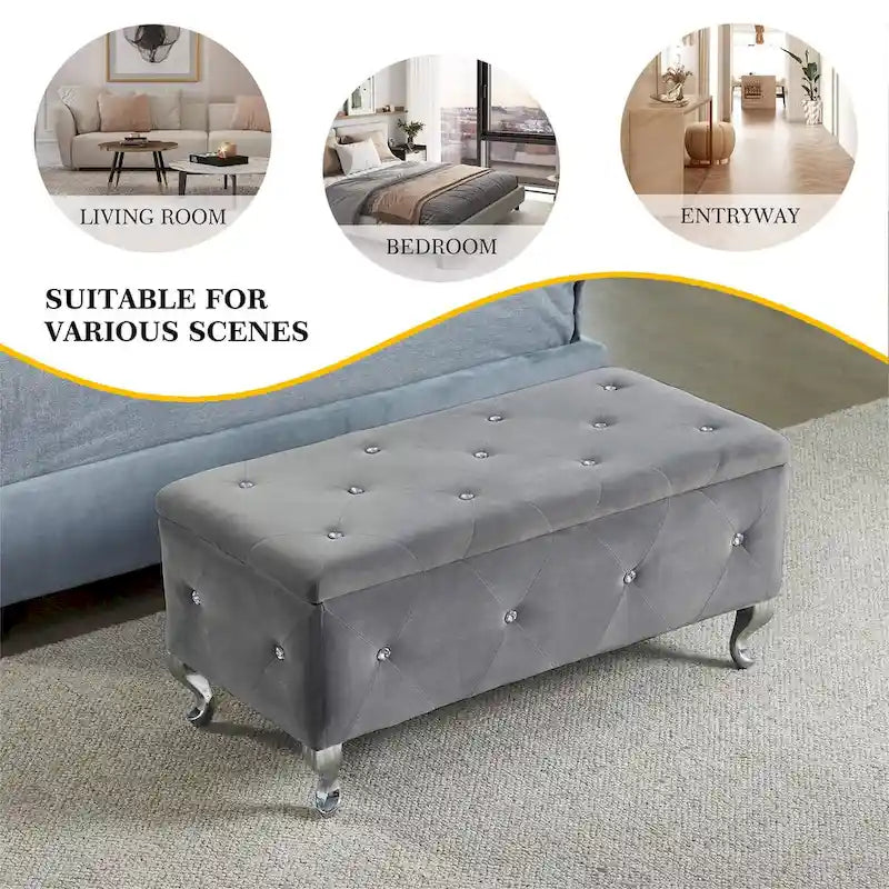 Banc coffre de rangement rembourré pour chambre, bout de lit et repose-pieds, avec boutons en cristal, pour salon ou entrée