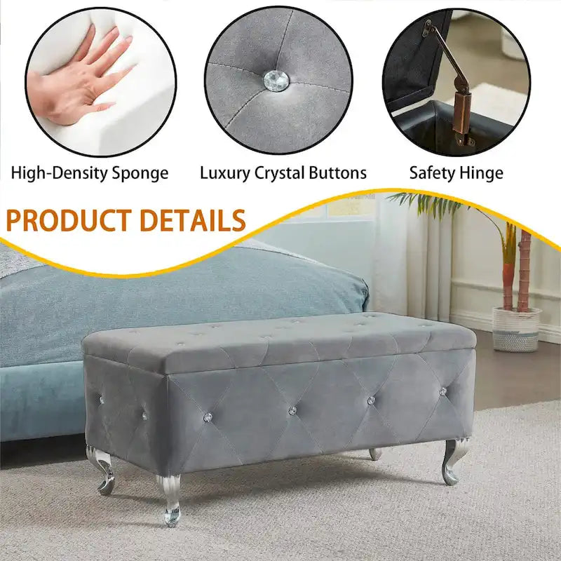 Banc coffre de rangement rembourré pour chambre, bout de lit et repose-pieds, avec boutons en cristal, pour salon ou entrée