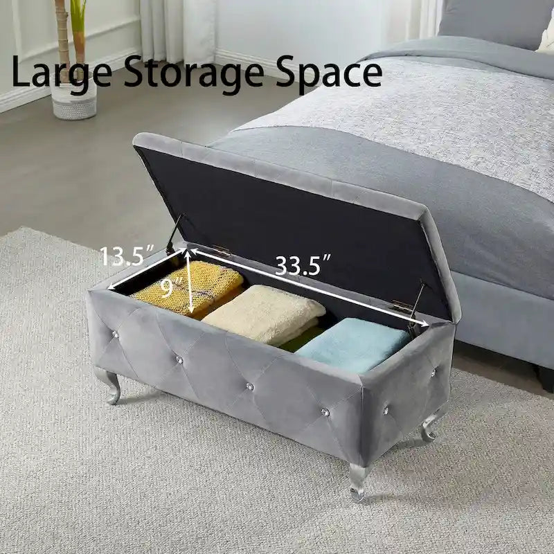 Banc coffre de rangement rembourré pour chambre, bout de lit et repose-pieds, avec boutons en cristal, pour salon ou entrée