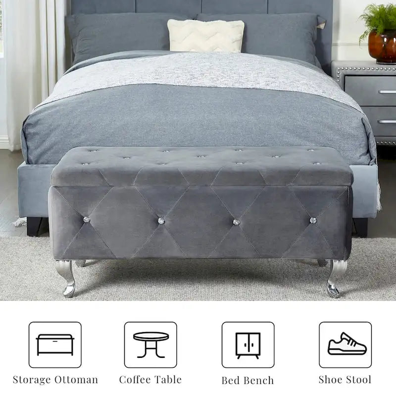 Banc coffre de rangement rembourré pour chambre, bout de lit et repose-pieds, avec boutons en cristal, pour salon ou entrée