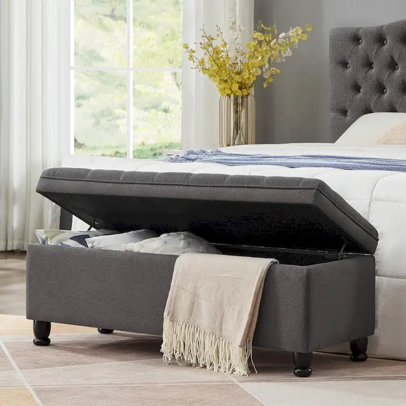 Banco de almacenamiento tapizado con botones capitoné y patas de madera torneadas - 45x18x18H