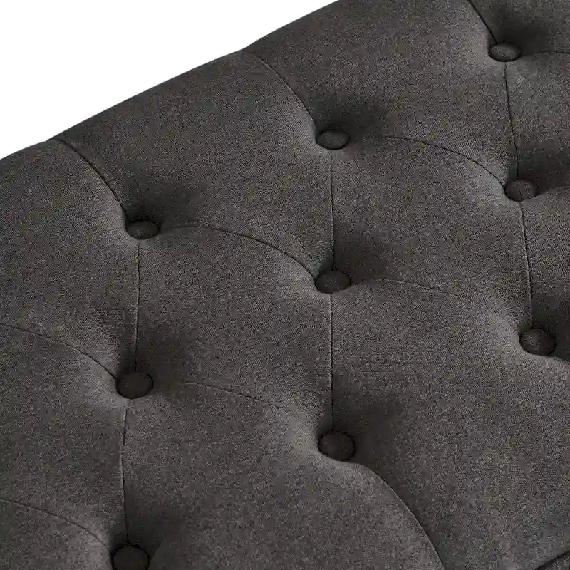 Gepolsterte, geknöpfte Sitztruhe mit Beinen aus gedrechseltem Holz - 45x18x18H