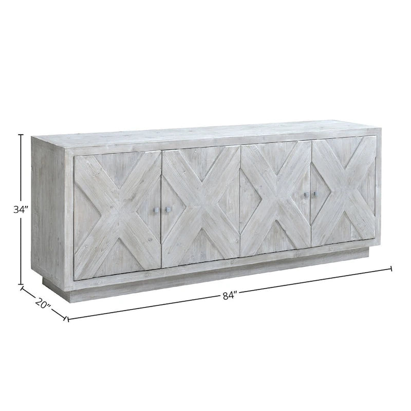 Sideboard aus wiederverwertetem Kiefernholz mit gekalkter, verwitterter Optik und geschnitzten Details