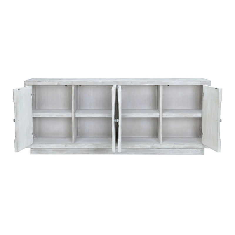 Sideboard aus wiederverwertetem Kiefernholz mit gekalkter, verwitterter Optik und geschnitzten Details