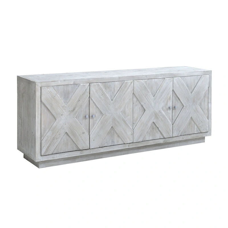 Sideboard aus wiederverwertetem Kiefernholz mit gekalkter, verwitterter Optik und geschnitzten Details