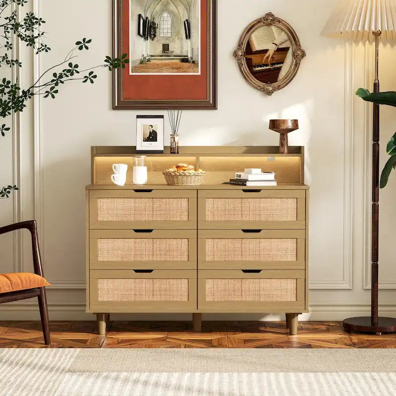 Accent Storage Cabinet 6-Drawers Rattan Drawer with LED Lights and Power Outlet