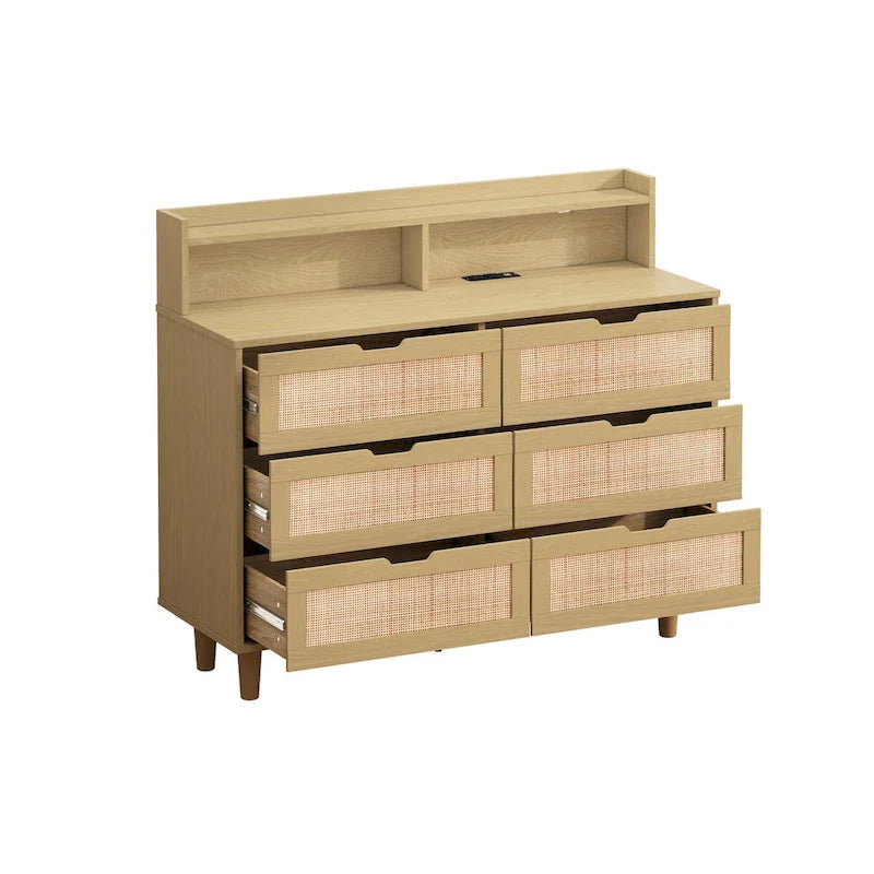 Akzentschrank mit Stauraum, 6 Schubladen aus Rattan, LED-Leuchten und Steckdose