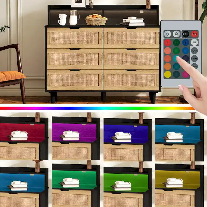 Armario decorativo de almacenamiento con 6 cajones de ratán, luces LED y toma de corriente