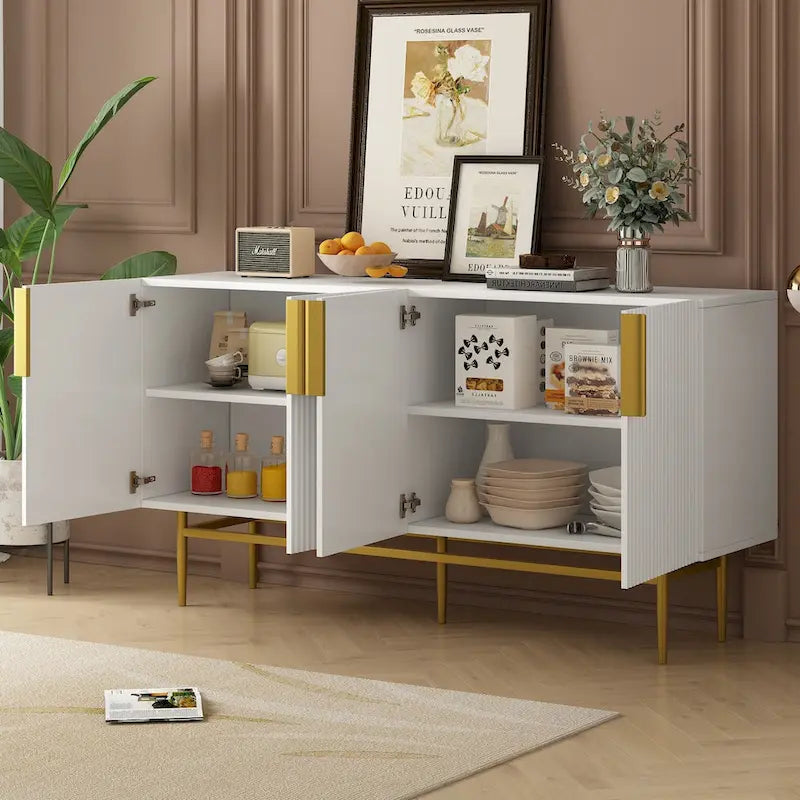 Aparador moderno y elegante de 4 puertas con tiradores metálicos dorados para comedor, sala de estar, dormitorio o pasillo