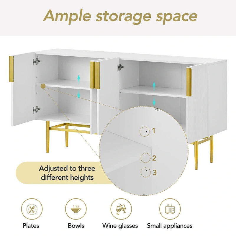 Aparador moderno y elegante de 4 puertas con tiradores metálicos dorados para comedor, sala de estar, dormitorio o pasillo