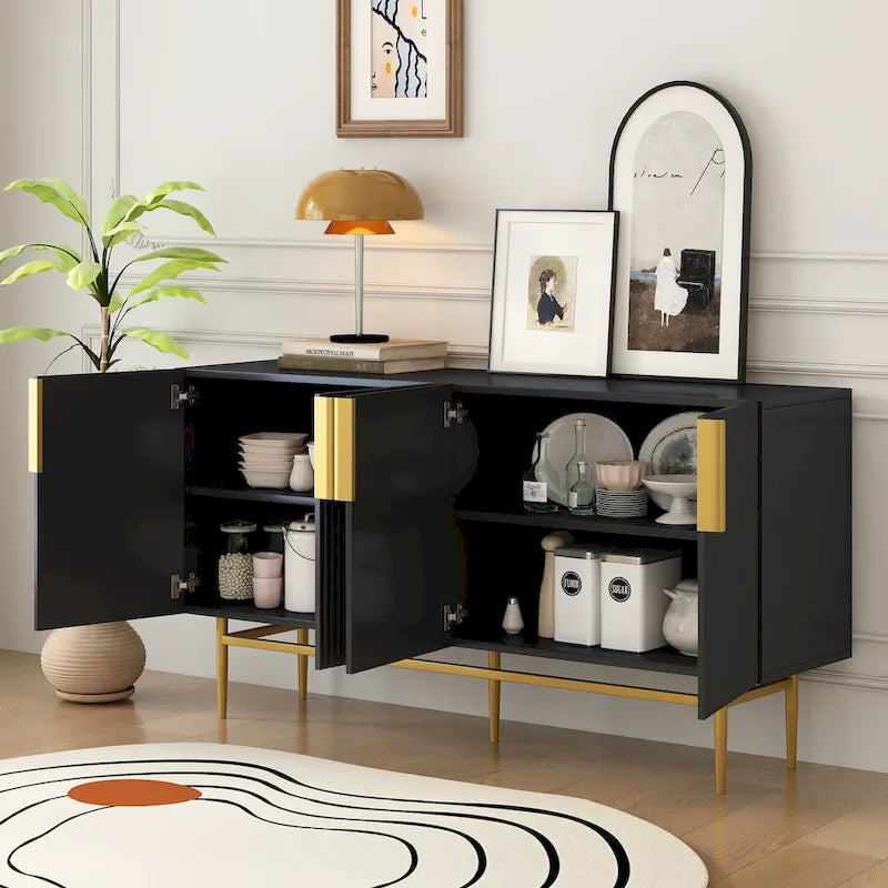 Aparador moderno y elegante de 4 puertas con tiradores metálicos dorados para comedor, sala de estar, dormitorio o pasillo