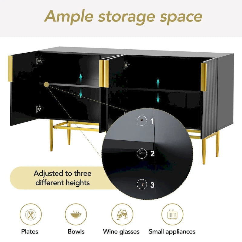 Aparador moderno y elegante de 4 puertas con tiradores metálicos dorados para comedor, sala de estar, dormitorio o pasillo