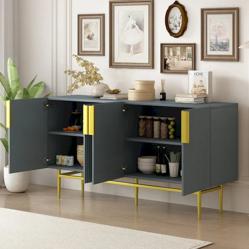 Aparador moderno y elegante de 4 puertas con tiradores metálicos dorados para comedor, sala de estar, dormitorio o pasillo