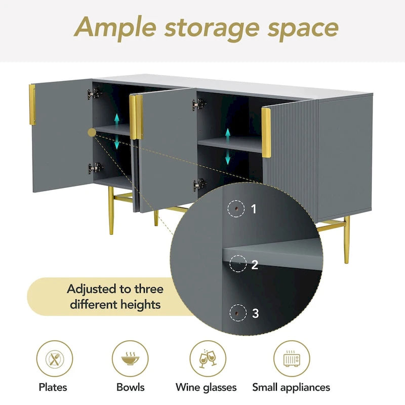 Aparador moderno y elegante de 4 puertas con tiradores metálicos dorados para comedor, sala de estar, dormitorio o pasillo