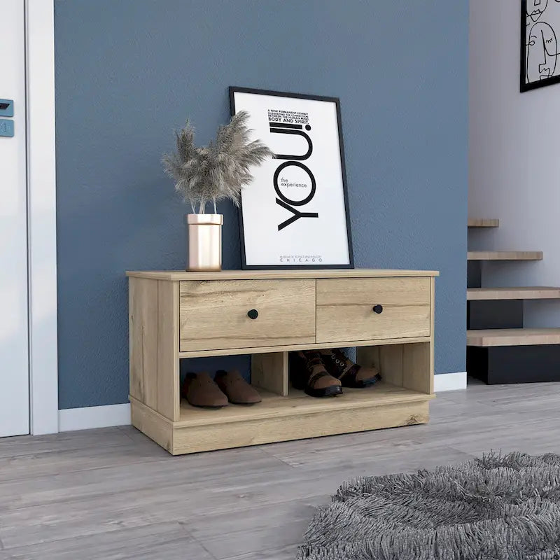 Banc de rangement avec étagère inférieure et deux tiroirs, finition chêne clair ; de haute qualité, robuste et durable.