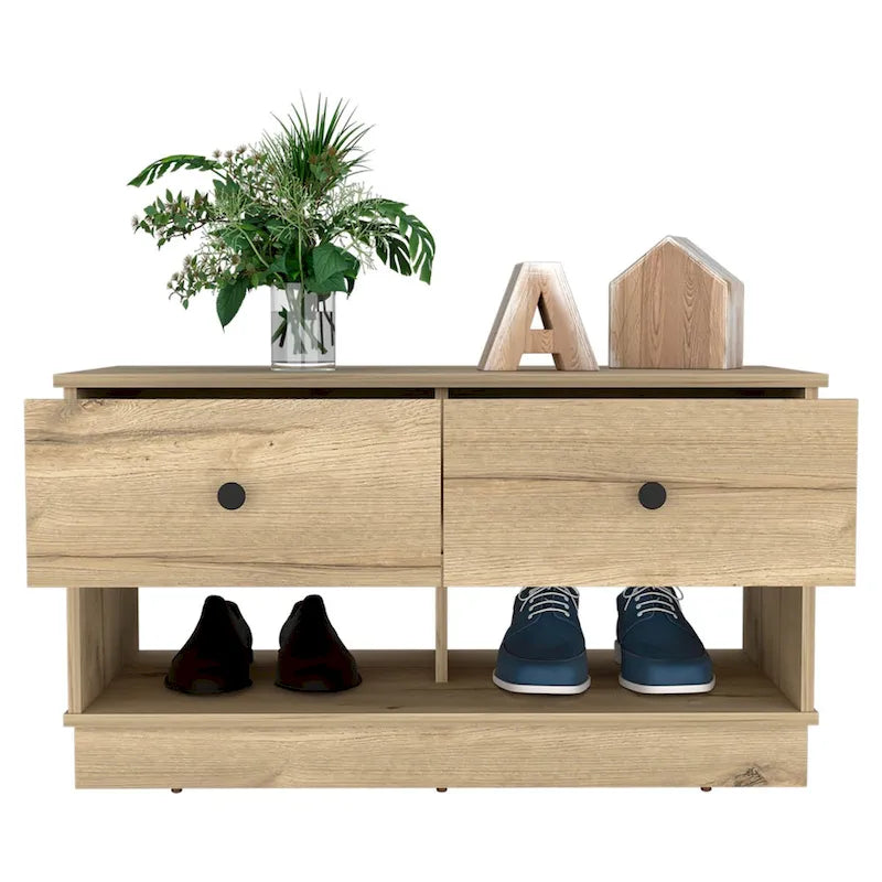 Banc de rangement avec étagère inférieure et deux tiroirs, finition chêne clair ; de haute qualité, robuste et durable.