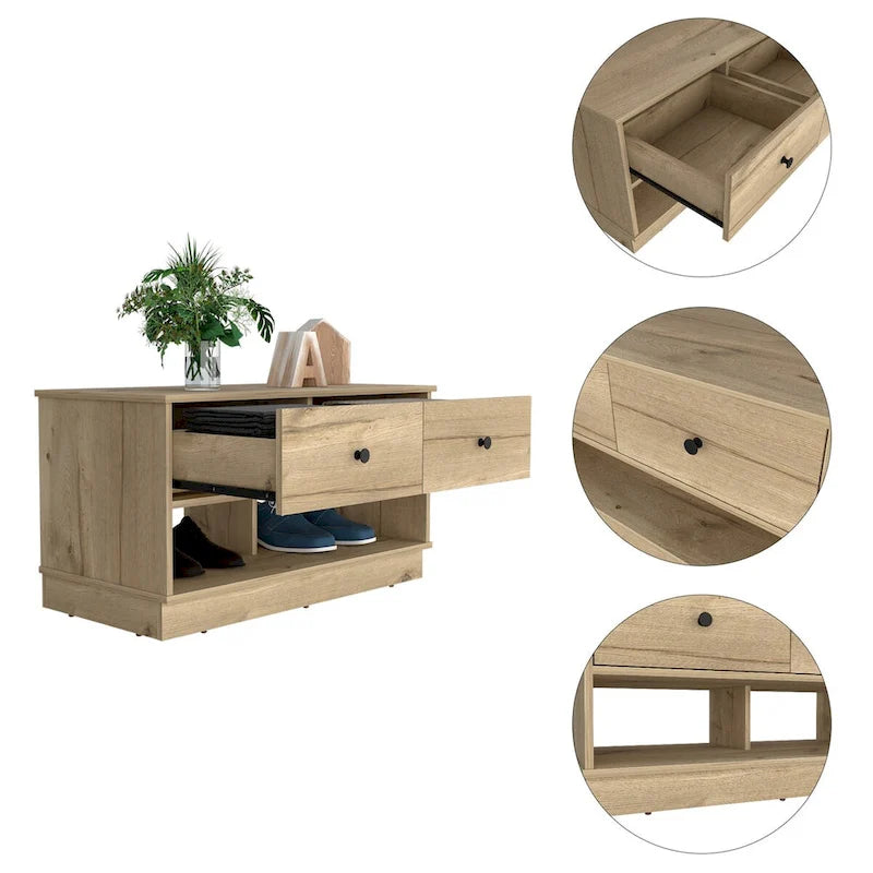 Banc de rangement avec étagère inférieure et deux tiroirs, finition chêne clair ; de haute qualité, robuste et durable.