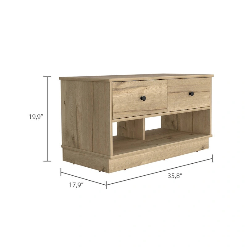 Banc de rangement avec étagère inférieure et deux tiroirs, finition chêne clair ; de haute qualité, robuste et durable.