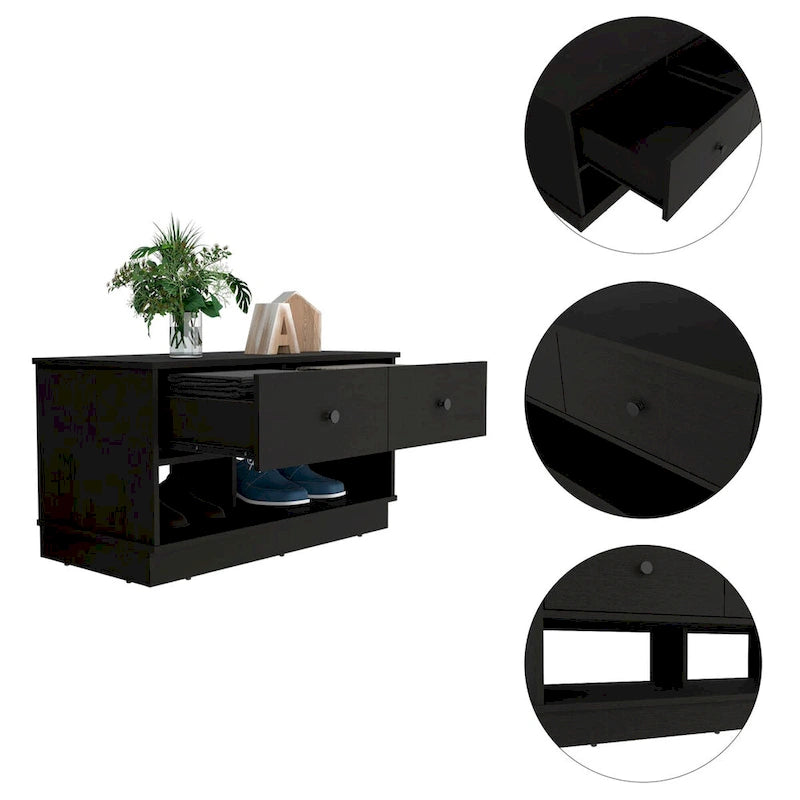 Banc de rangement avec étagère inférieure et deux tiroirs, finition chêne clair ; de haute qualité, robuste et durable.