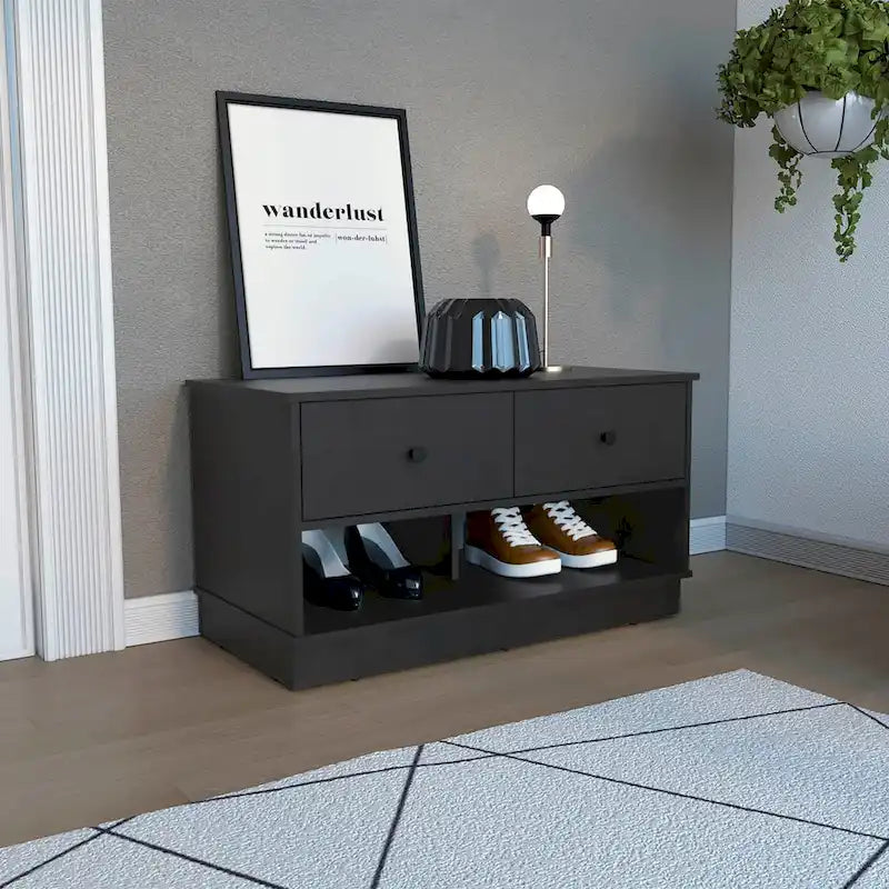 Banc de rangement avec étagère inférieure et deux tiroirs, finition chêne clair ; de haute qualité, robuste et durable.