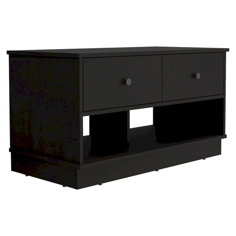 Banc de rangement avec étagère inférieure et deux tiroirs, finition chêne clair ; de haute qualité, robuste et durable.