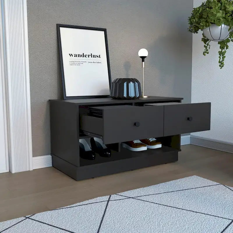 Banc de rangement avec étagère inférieure et deux tiroirs, finition chêne clair ; de haute qualité, robuste et durable.