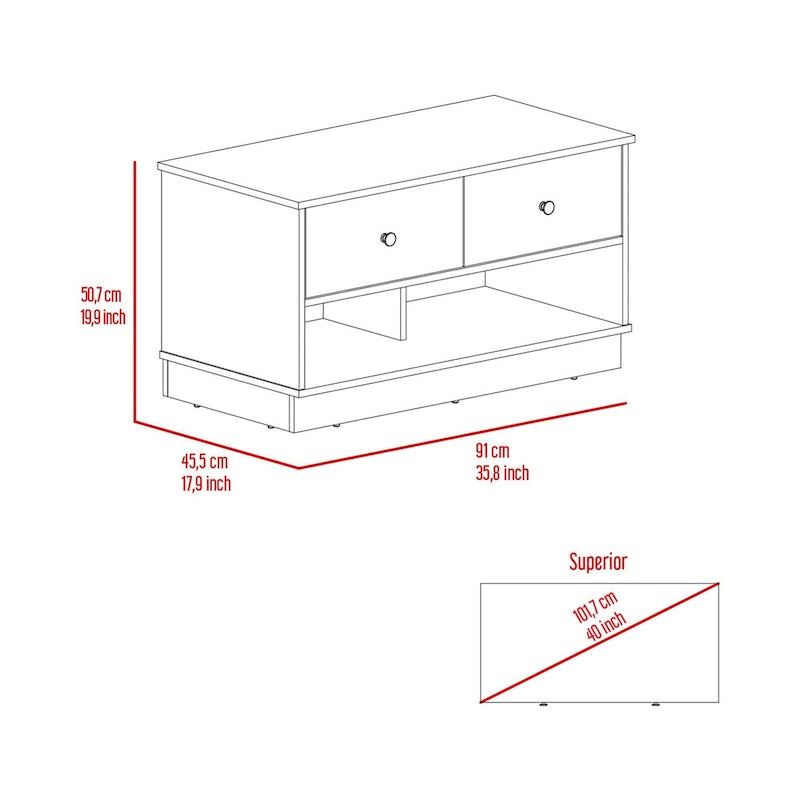 Banc de rangement avec étagère inférieure et deux tiroirs, finition chêne clair ; de haute qualité, robuste et durable.
