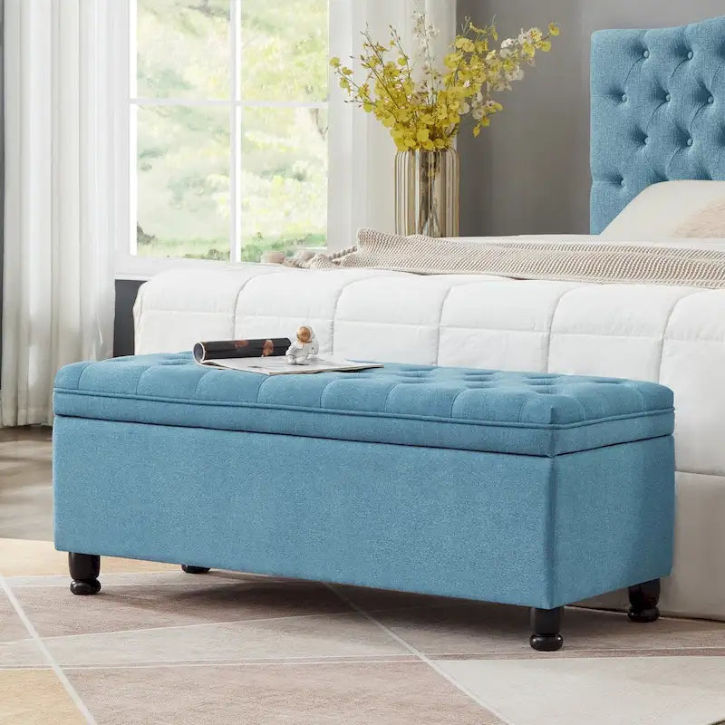 Banco de almacenamiento tapizado con botones capitoné, banco de entrada de tela de lino con patas de madera torneadas, banco para dormitorio - Azul claro