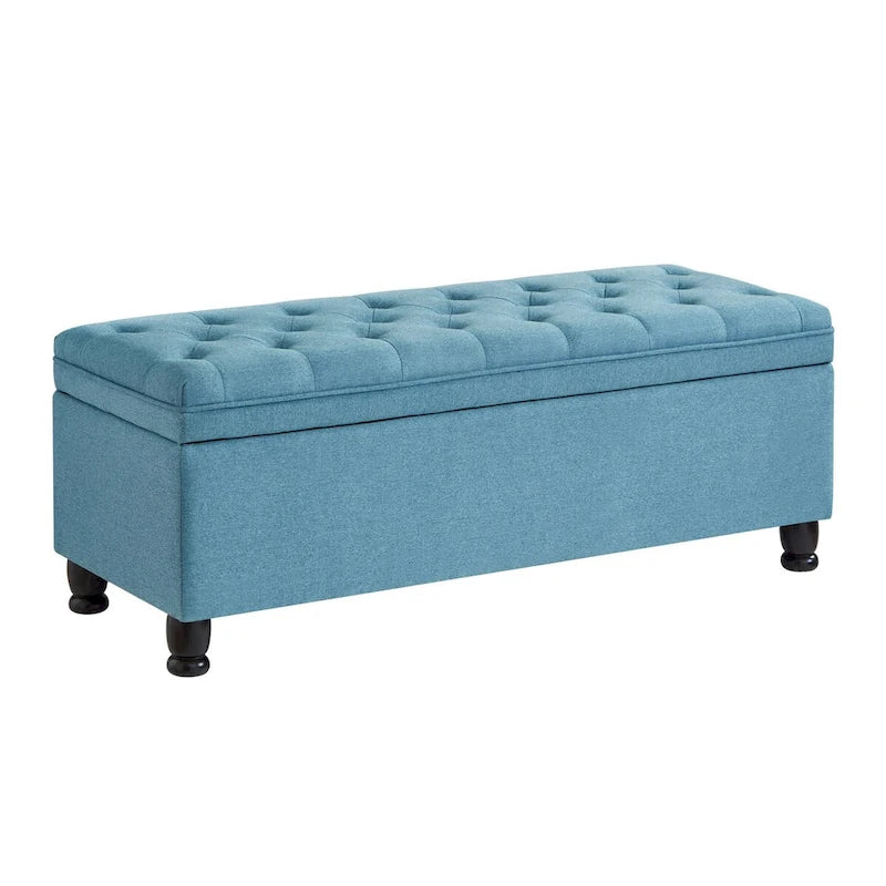 Banco de almacenamiento tapizado con botones capitoné, banco de entrada de tela de lino con patas de madera torneadas, banco para dormitorio - Azul claro