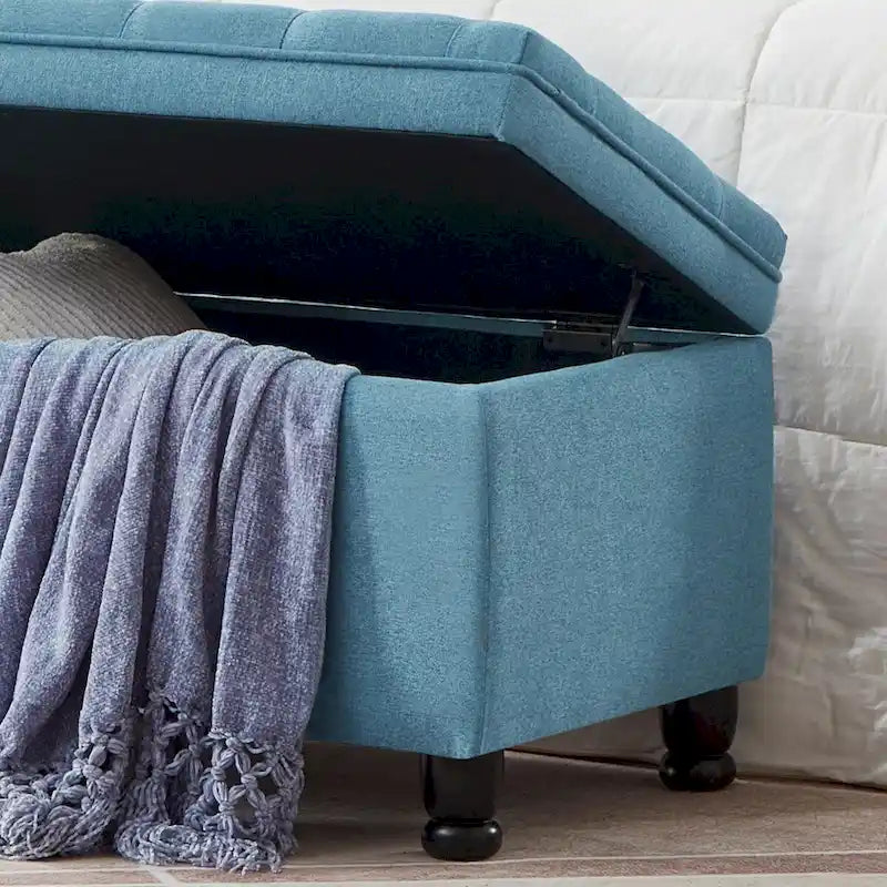 Banco de almacenamiento tapizado con botones capitoné, banco de entrada de tela de lino con patas de madera torneadas, banco para dormitorio - Azul claro