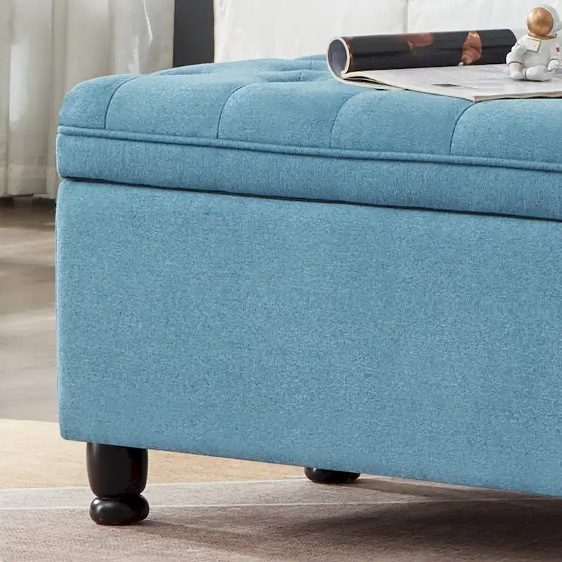Banco de almacenamiento tapizado con botones capitoné, banco de entrada de tela de lino con patas de madera torneadas, banco para dormitorio - Azul claro