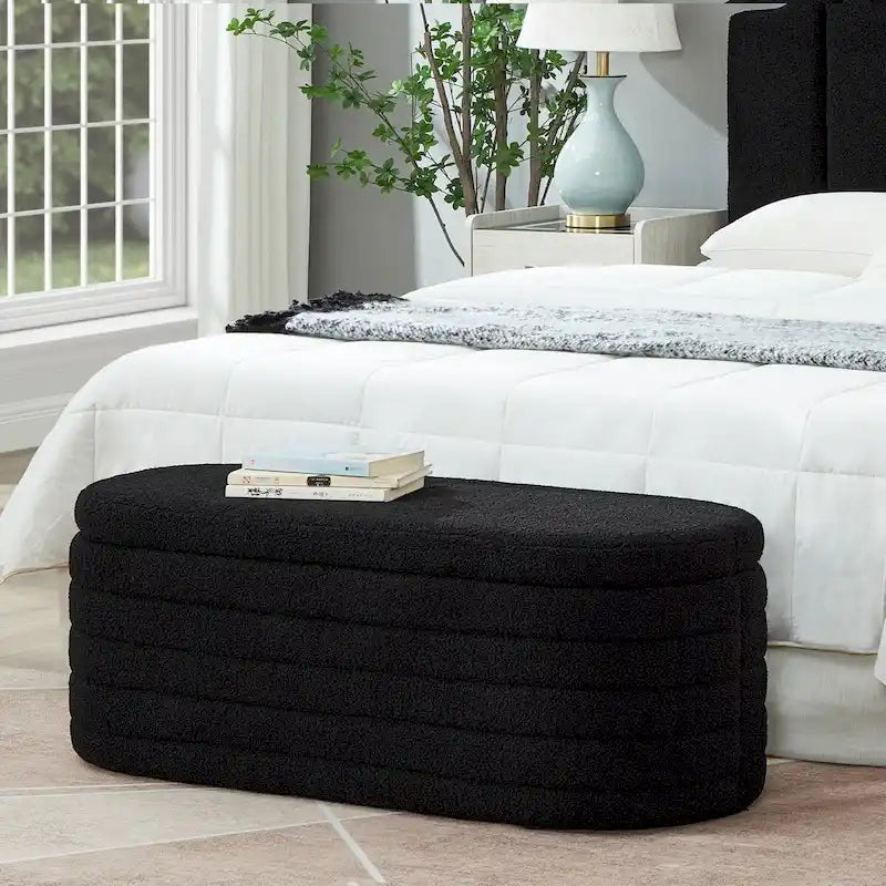 Banco otomano de almacenamiento ovalado moderno, tapizado en tela bouclé tipo teddy, para los pies de la cama, con almacenamiento