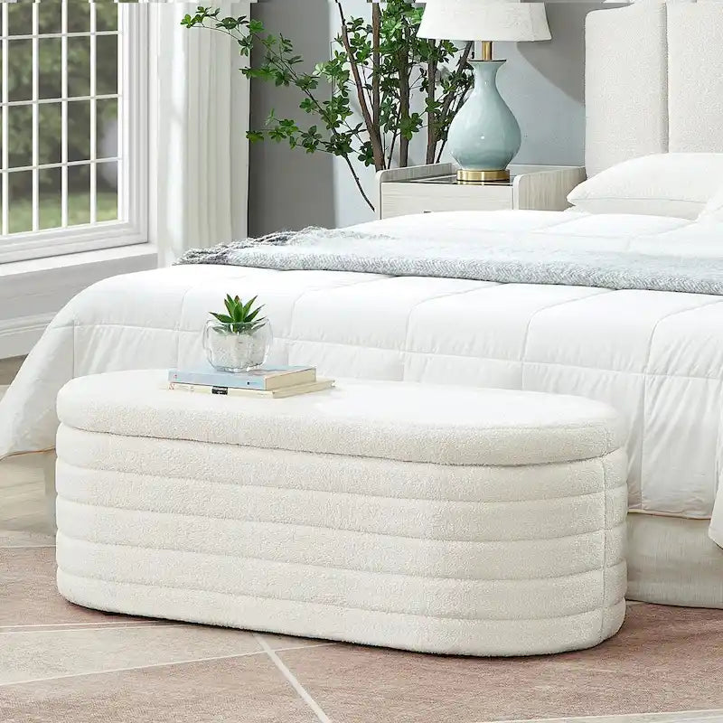 Banco otomano de almacenamiento ovalado moderno, tapizado en tela bouclé tipo teddy, para los pies de la cama, con almacenamiento
