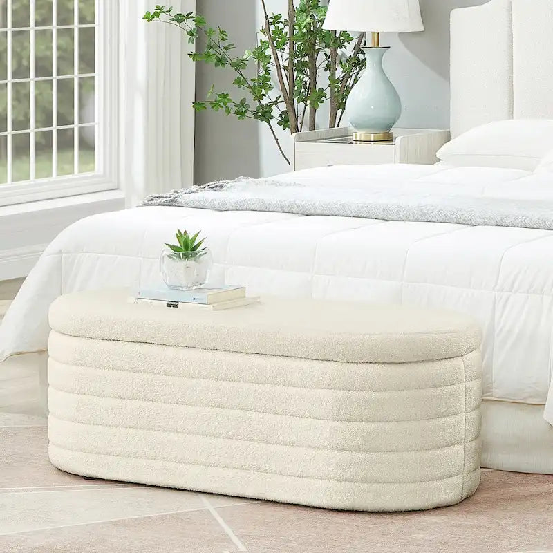 Banco otomano de almacenamiento ovalado moderno, tapizado en tela bouclé tipo teddy, para los pies de la cama, con almacenamiento