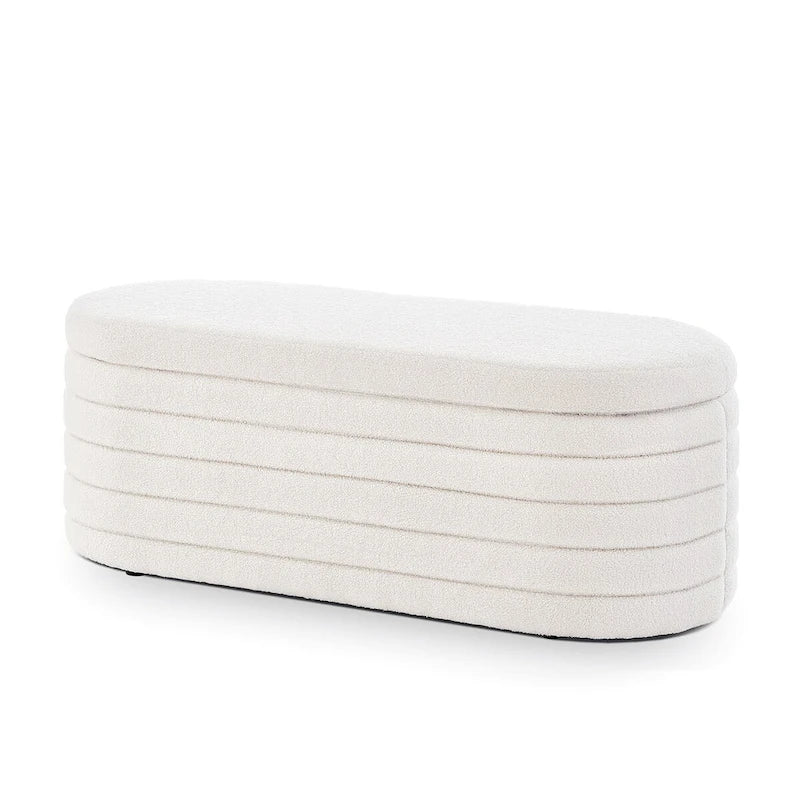 Banco otomano de almacenamiento ovalado moderno, tapizado en tela bouclé tipo teddy, para los pies de la cama, con almacenamiento