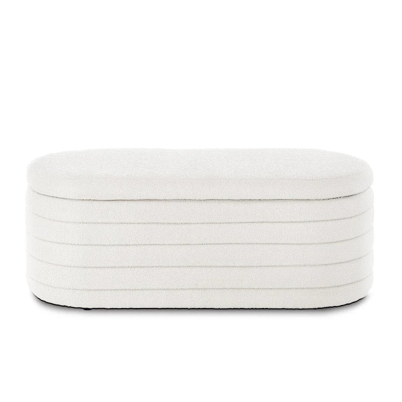 Moderne ovale Aufbewahrungsbank mit Stauraum, gepolstert mit Bouclé-Teddystoff, Sitzbank am Fußende des Bettes, Hocker am Fußende des Bettes