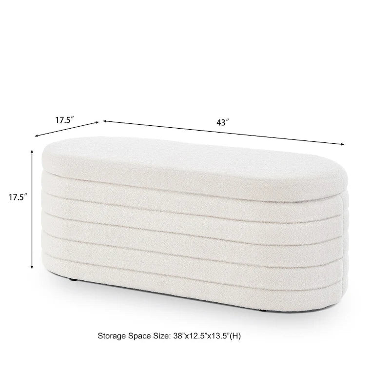 Moderne ovale Aufbewahrungsbank mit Stauraum, gepolstert mit Bouclé-Teddystoff, Sitzbank am Fußende des Bettes, Hocker am Fußende des Bettes