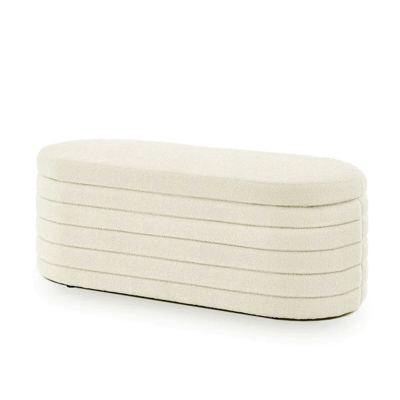 Moderne ovale Aufbewahrungsbank mit Stauraum, gepolstert mit Bouclé-Teddystoff, Sitzbank am Fußende des Bettes, Hocker am Fußende des Bettes