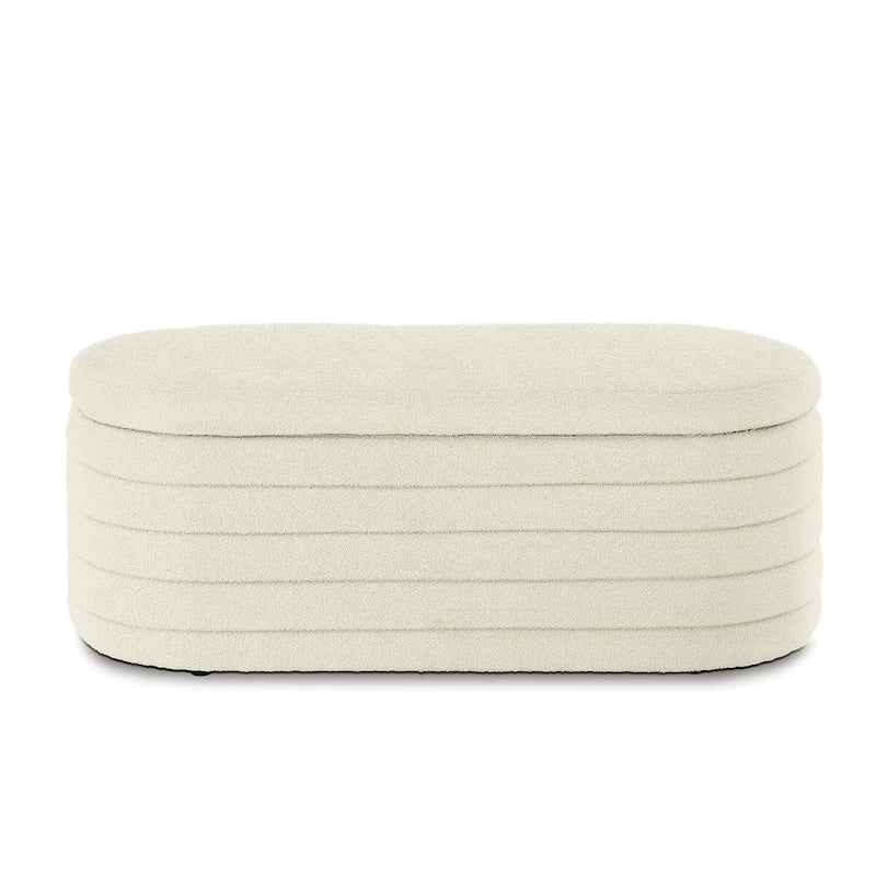 Moderne ovale Aufbewahrungsbank mit Stauraum, gepolstert mit Bouclé-Teddystoff, Sitzbank am Fußende des Bettes, Hocker am Fußende des Bettes